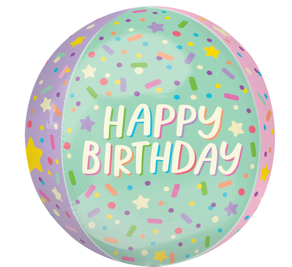 A pastel-colored ice cream-themed birthday balloon with 'Happy Birthday' text and colorful sprinkles.