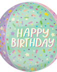 A pastel-colored ice cream-themed birthday balloon with 'Happy Birthday' text and colorful sprinkles.