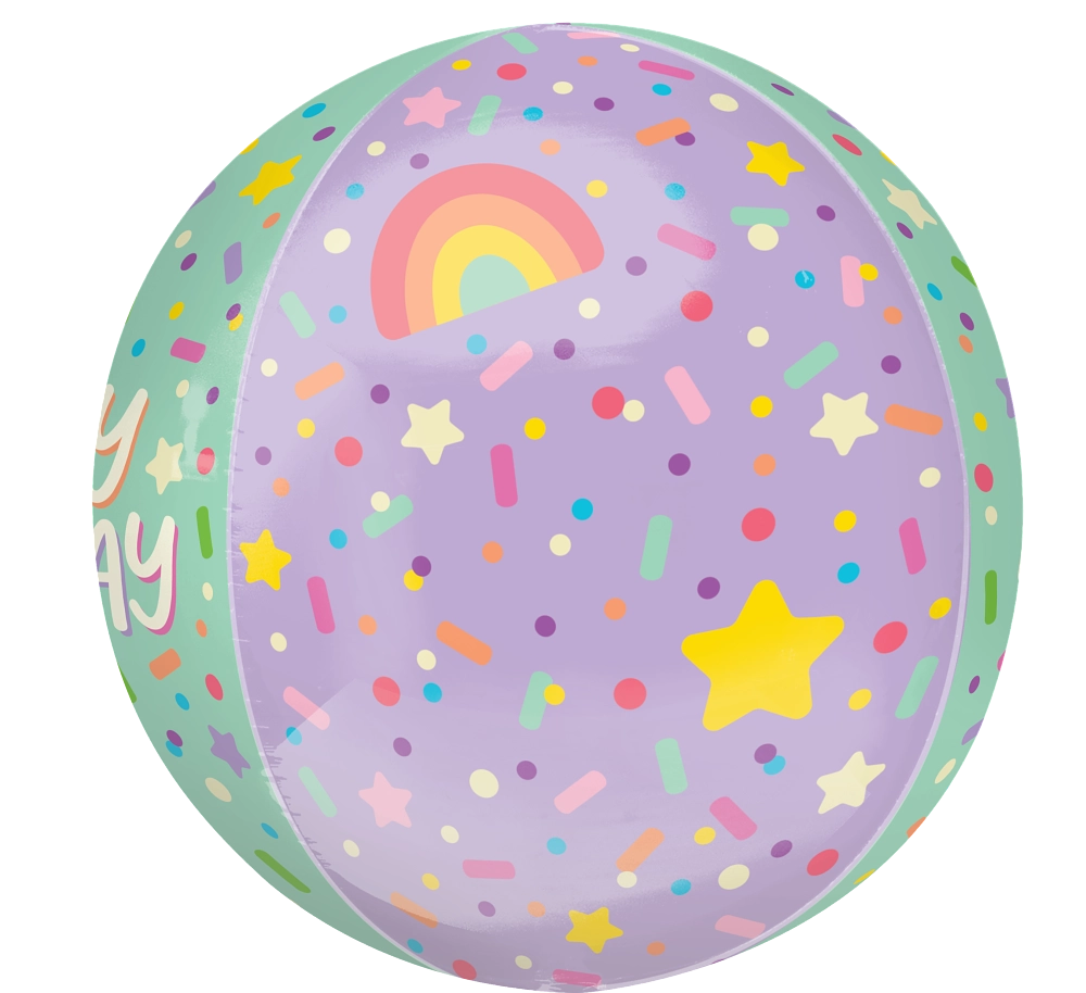 A pastel-colored ice cream-themed birthday balloon colorful sprinkles, a star and rainbow.