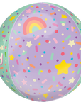 A pastel-colored ice cream-themed birthday balloon colorful sprinkles, a star and rainbow.