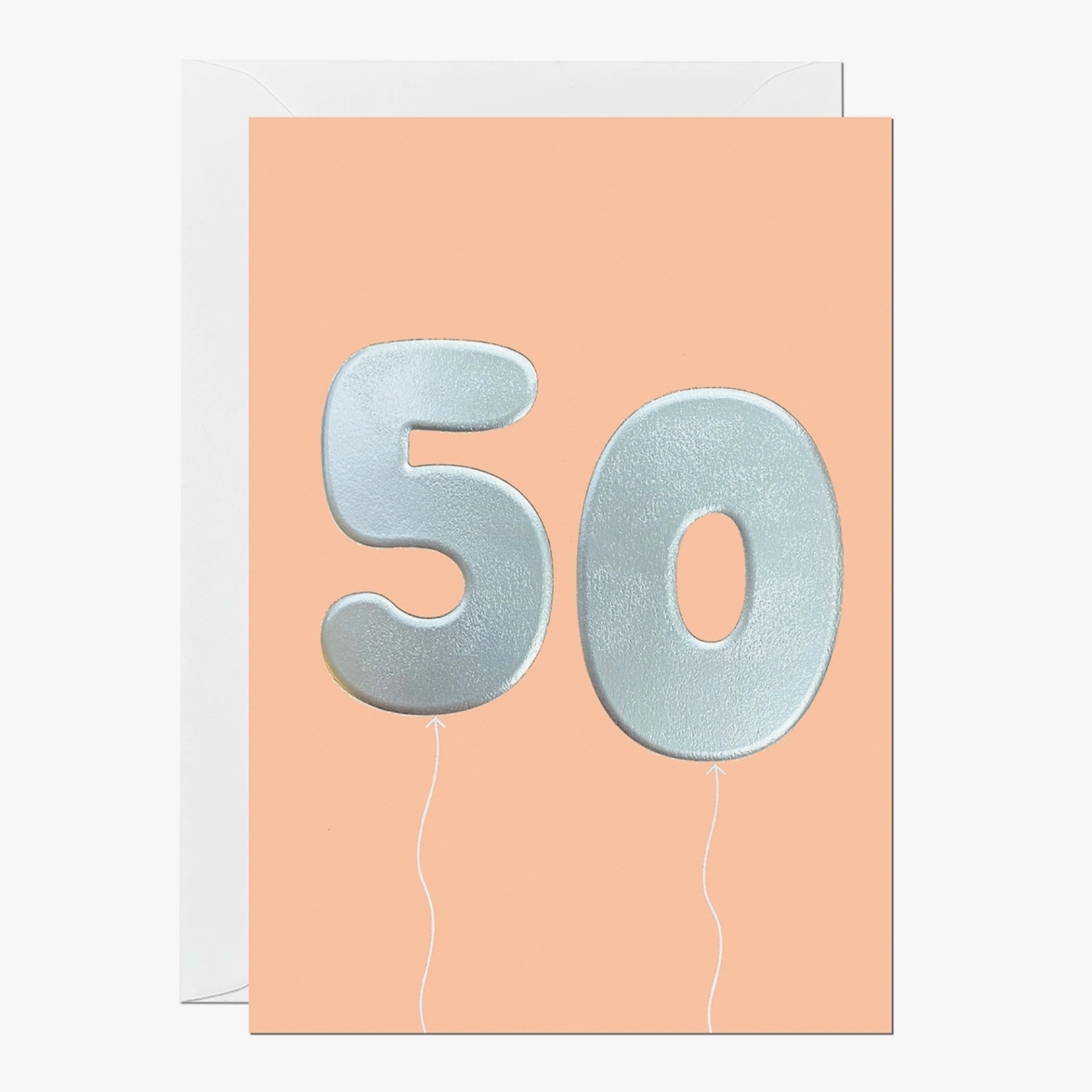 A balloon card with a silver embossed '50' on a pale background, with a small balloon icon at the bottom.