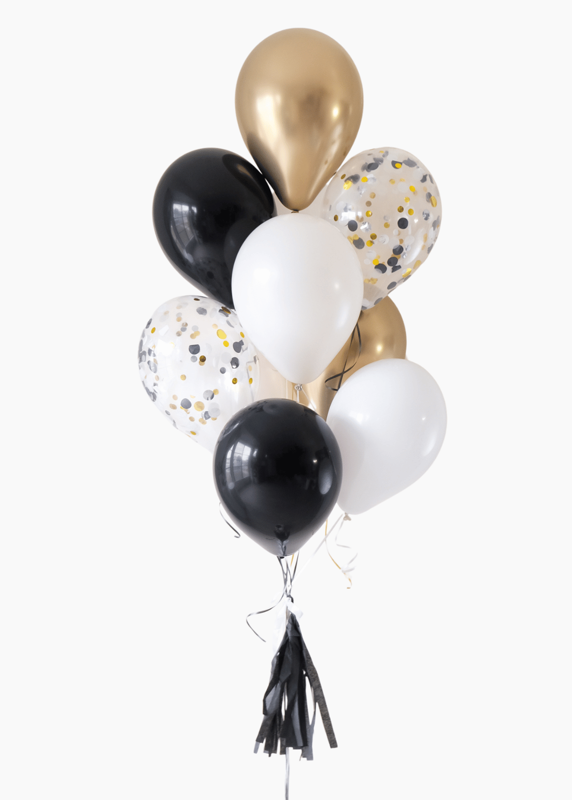 graduation balloon bouquet in black, white, cream. confetti-filled, and gold colors on a white background