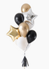 Balloon bouquet with gold, black, and silver star balloons on a white background