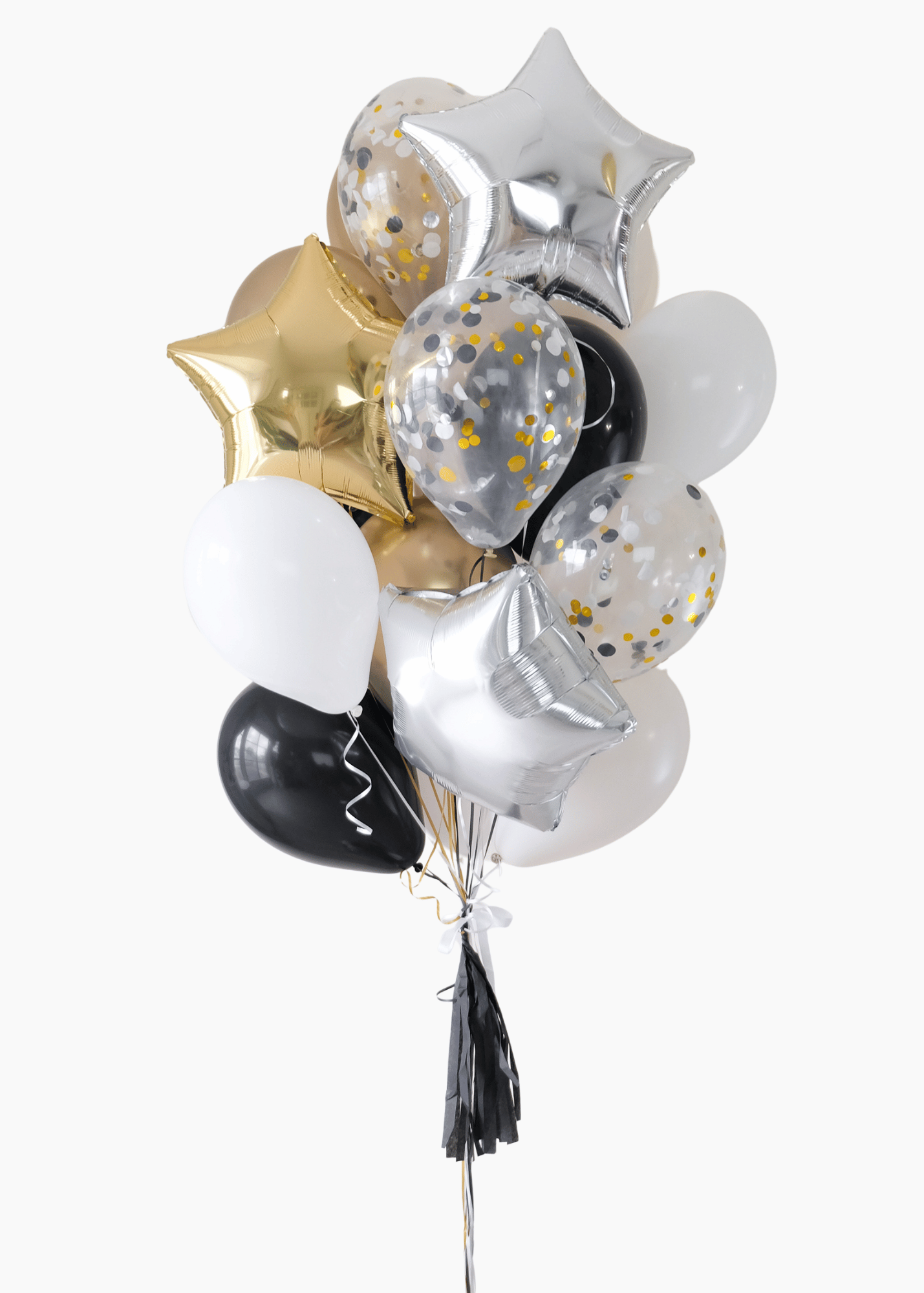 assorted graduation balloons in black, white, gold