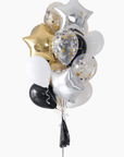 assorted graduation balloons in black, white, gold