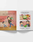 Illustrated book open to a page with a father and child in a kitchen, surrounded by food items.