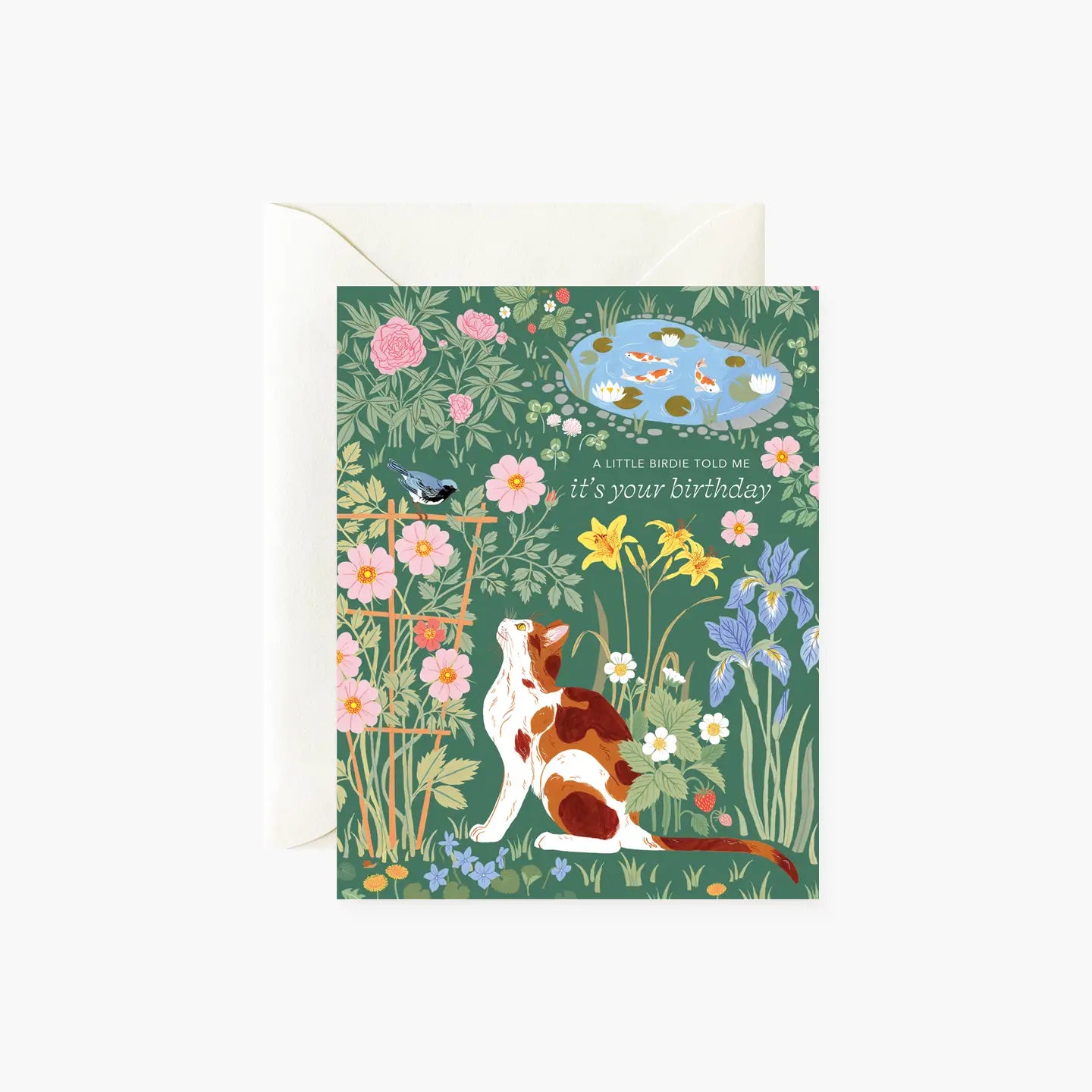 Greeting card with a dog and nature illustration on a green background