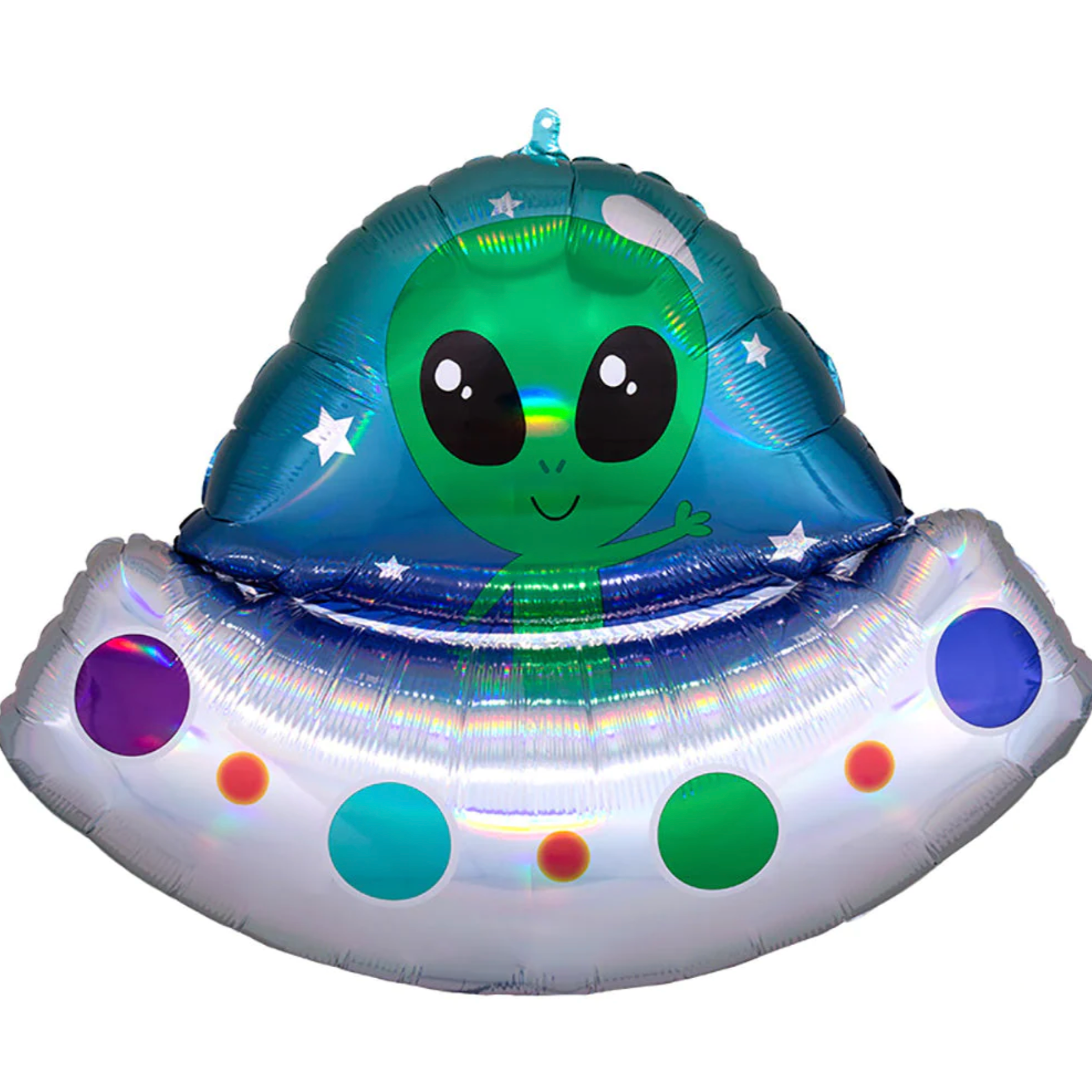 A balloon with a design resembling an alien in a spaceship, with the spaceship body having colorful dots and the alien's head being green with two large black eyes.