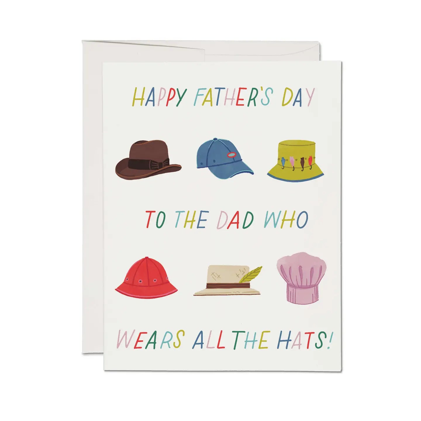 A Father's Day greeting card with a title and multiple hats illustrated below it. The hats include a brown fedora, a blue baseball cap, a green and yellow hat, a red fireman's helmet, a beige sun hat, and a pink hat.