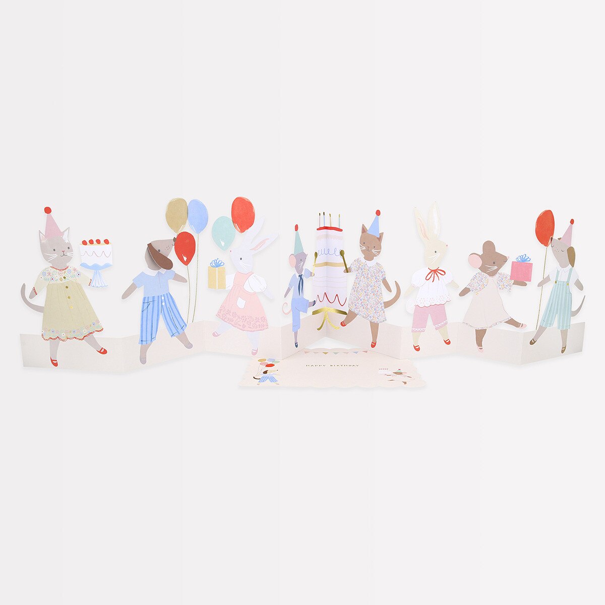 Card with illustrations of small animal characters celebrating a birthday with balloons and cake on a white background