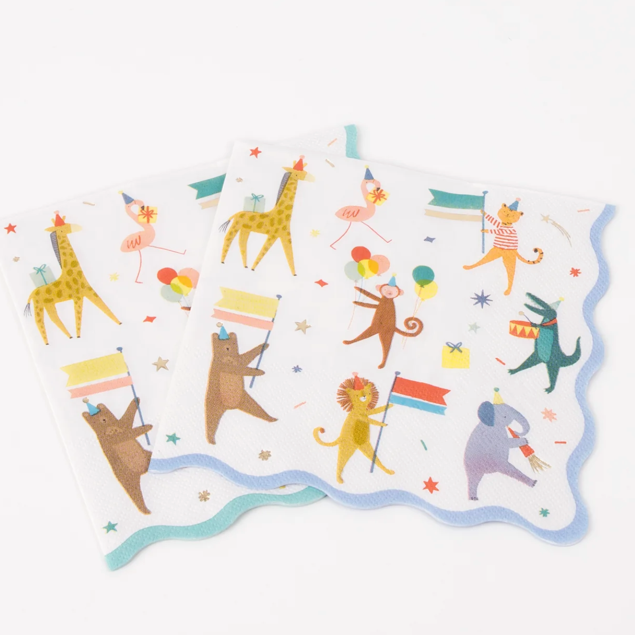 Colorful animal-themed placemats on a white background