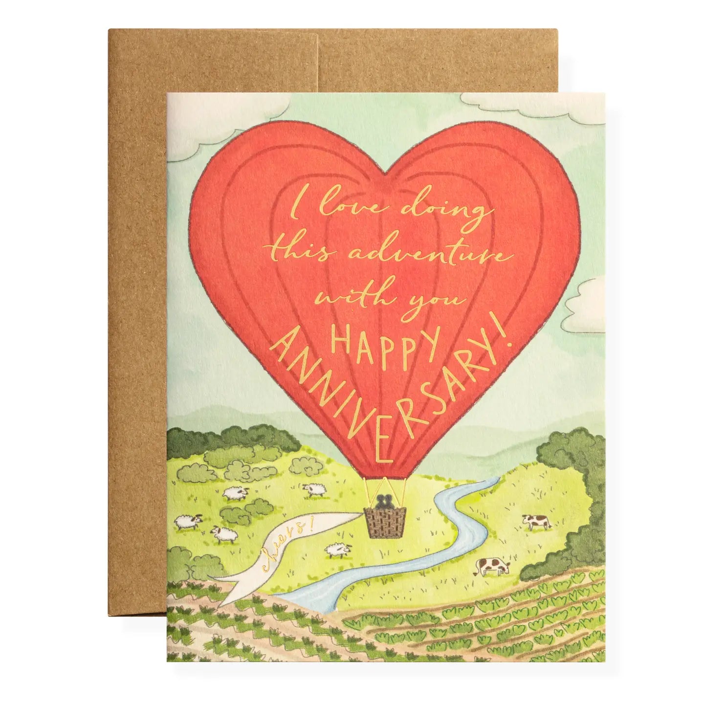 Card with red heart hot air balloon over land print and text "I love doing this adventure with you, happy anniversary!"