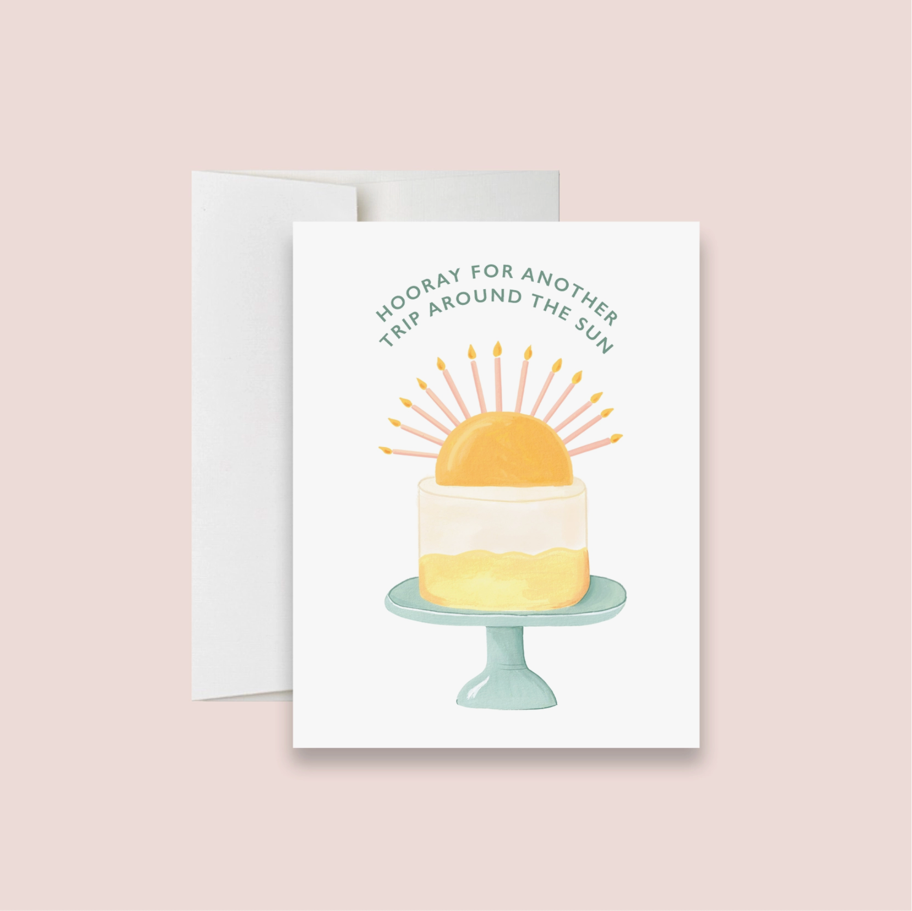 birthday greeting card with a cake and sun. The sun has candles as the sunshine "rays"