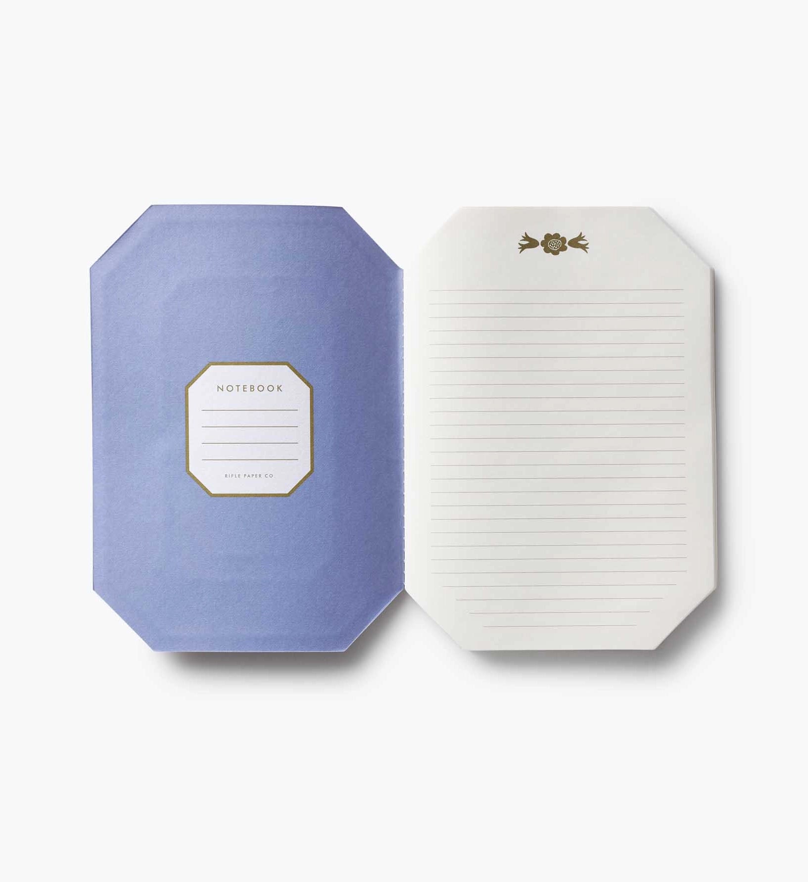 Octagonal notebook with a blue cover and white interior on a white background