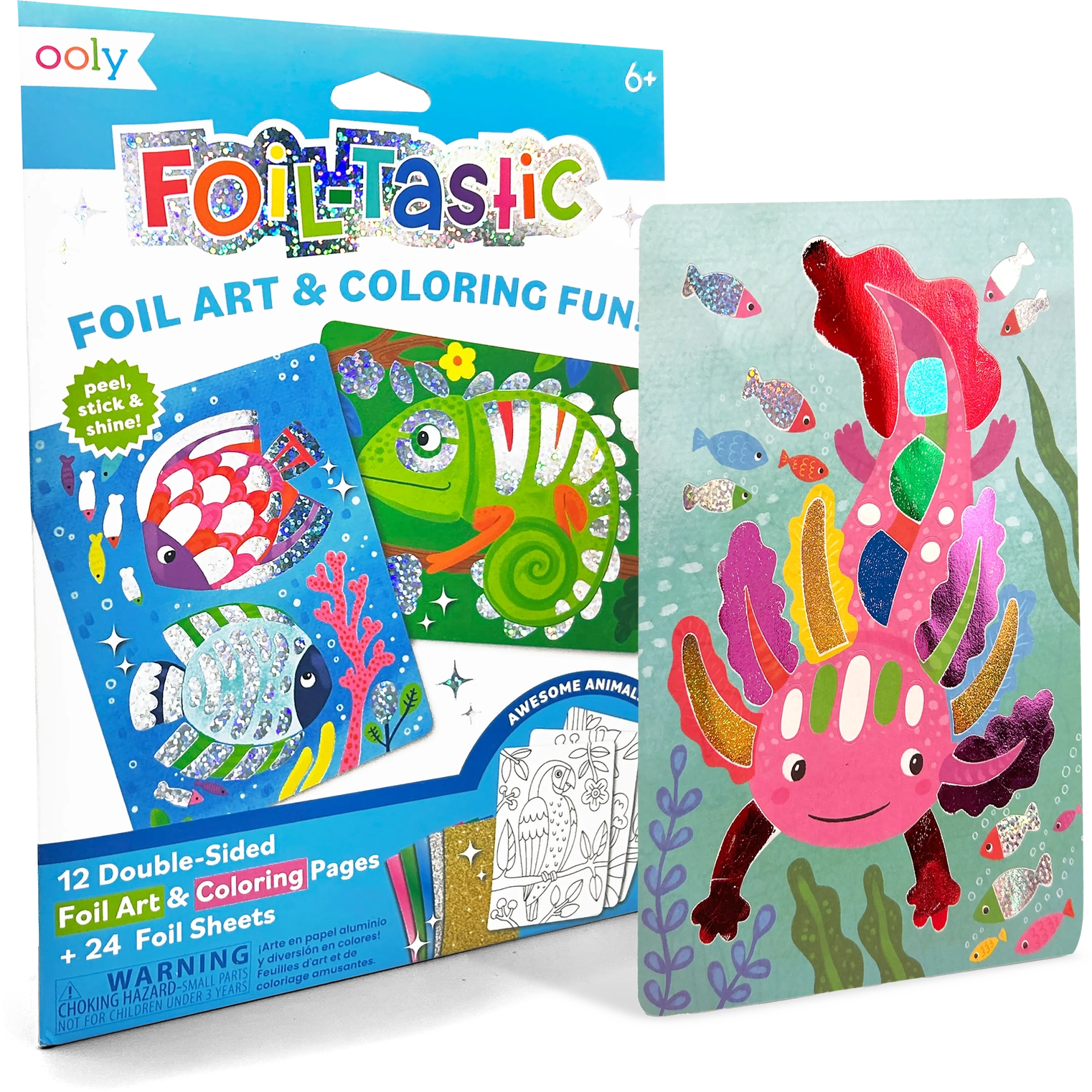 Foil art and coloring book set with colorful animal designs on a white background