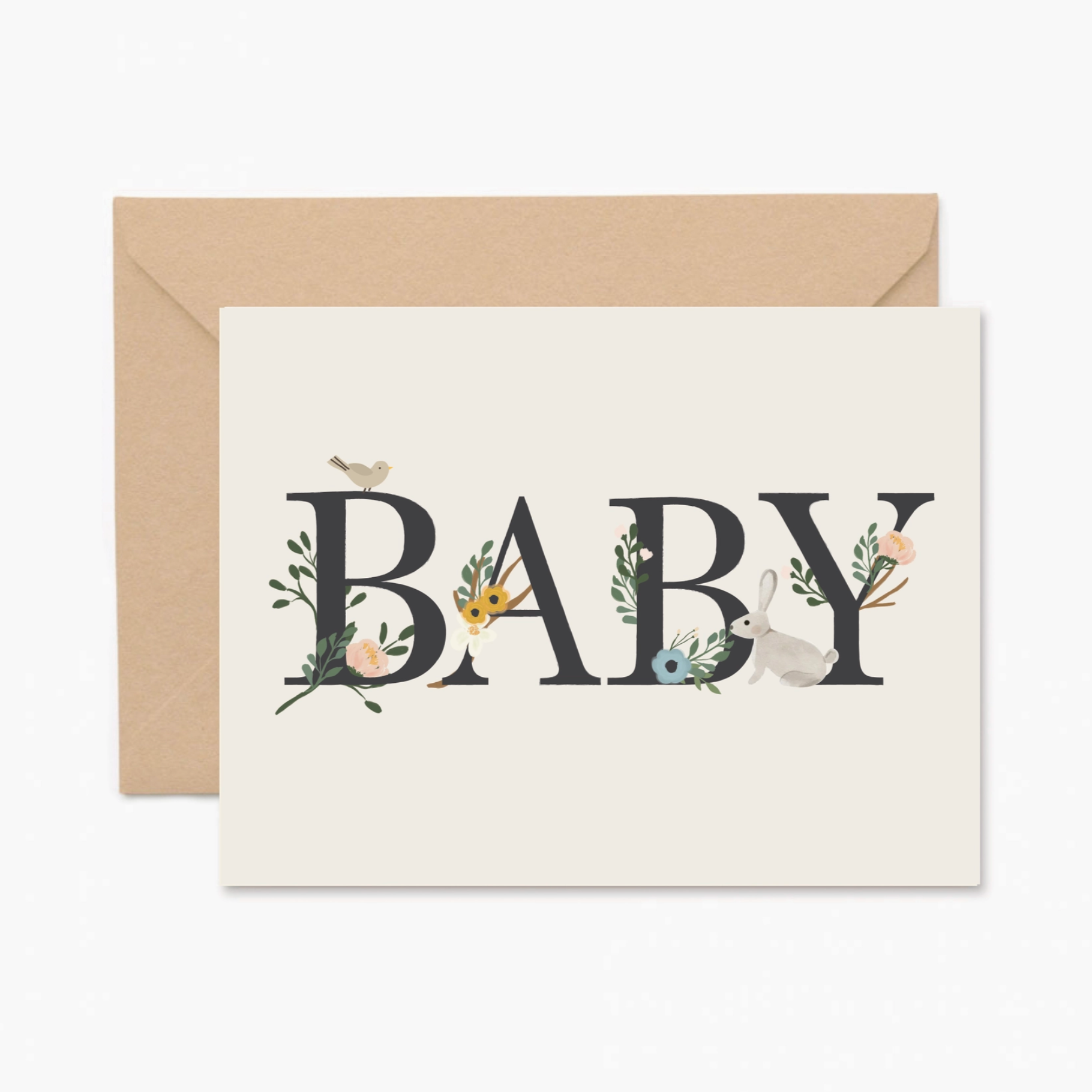 A folded card with 'Baby' written in bold letters, decorated with floral and animal illustrations, accompanied by a matching envelope.