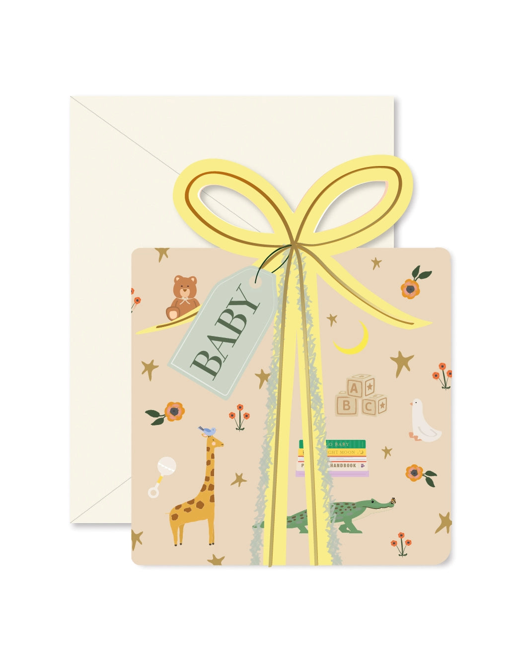 Baby shower card with a yellow ribbon and 'BABY' tag on a white background