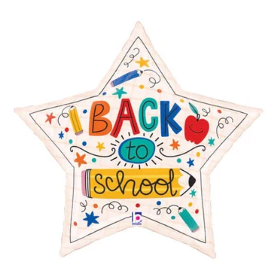 "back to school" text themed cream star balloon, featuring pencils, apple, and swirly design