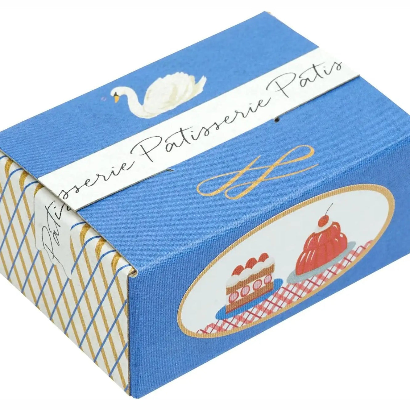 Blue box with 'Patisserie Patis' branding and cake illustration on a white background
