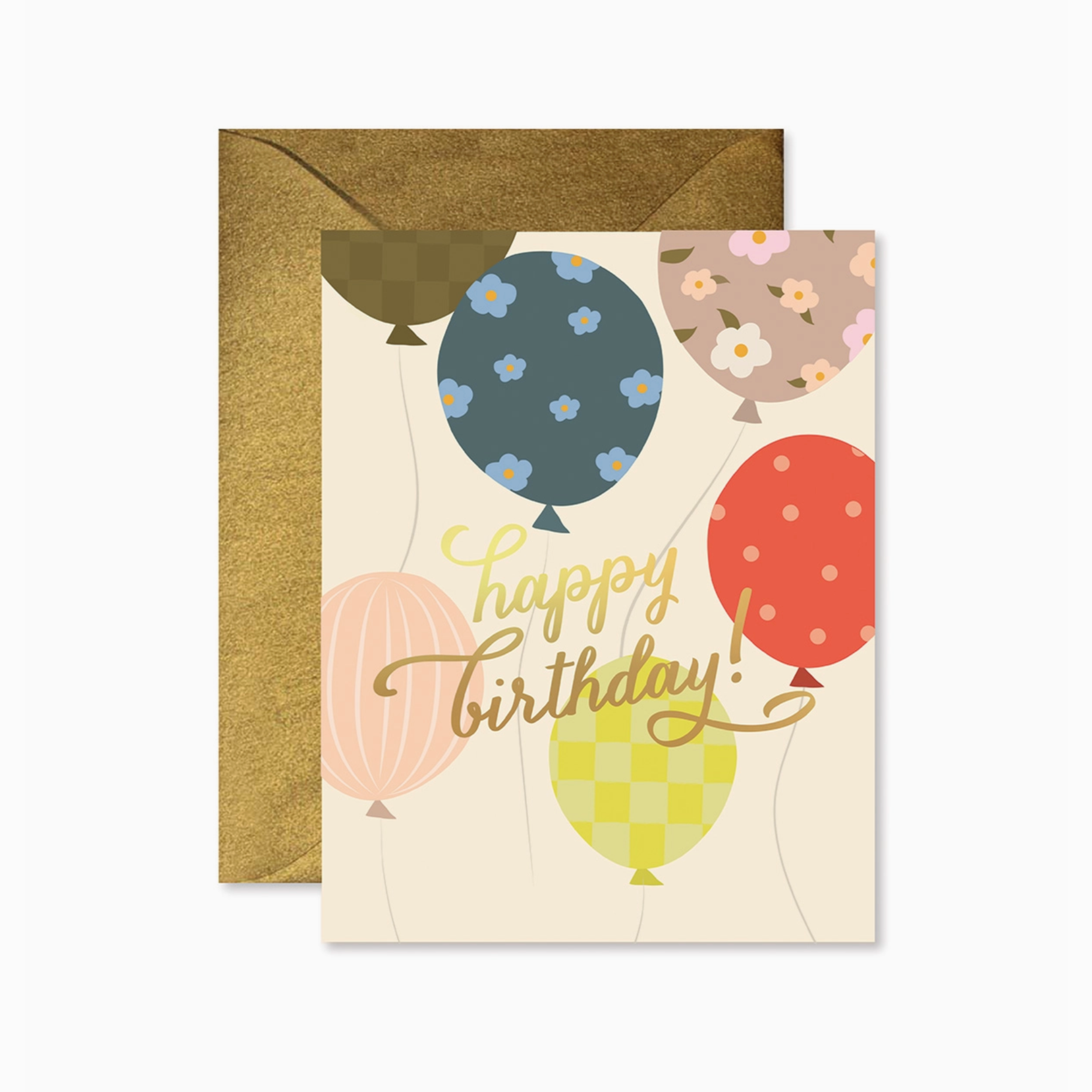 A greeting card with a balloon design and 'Happy Birthday' text, accompanied by a golden envelope.