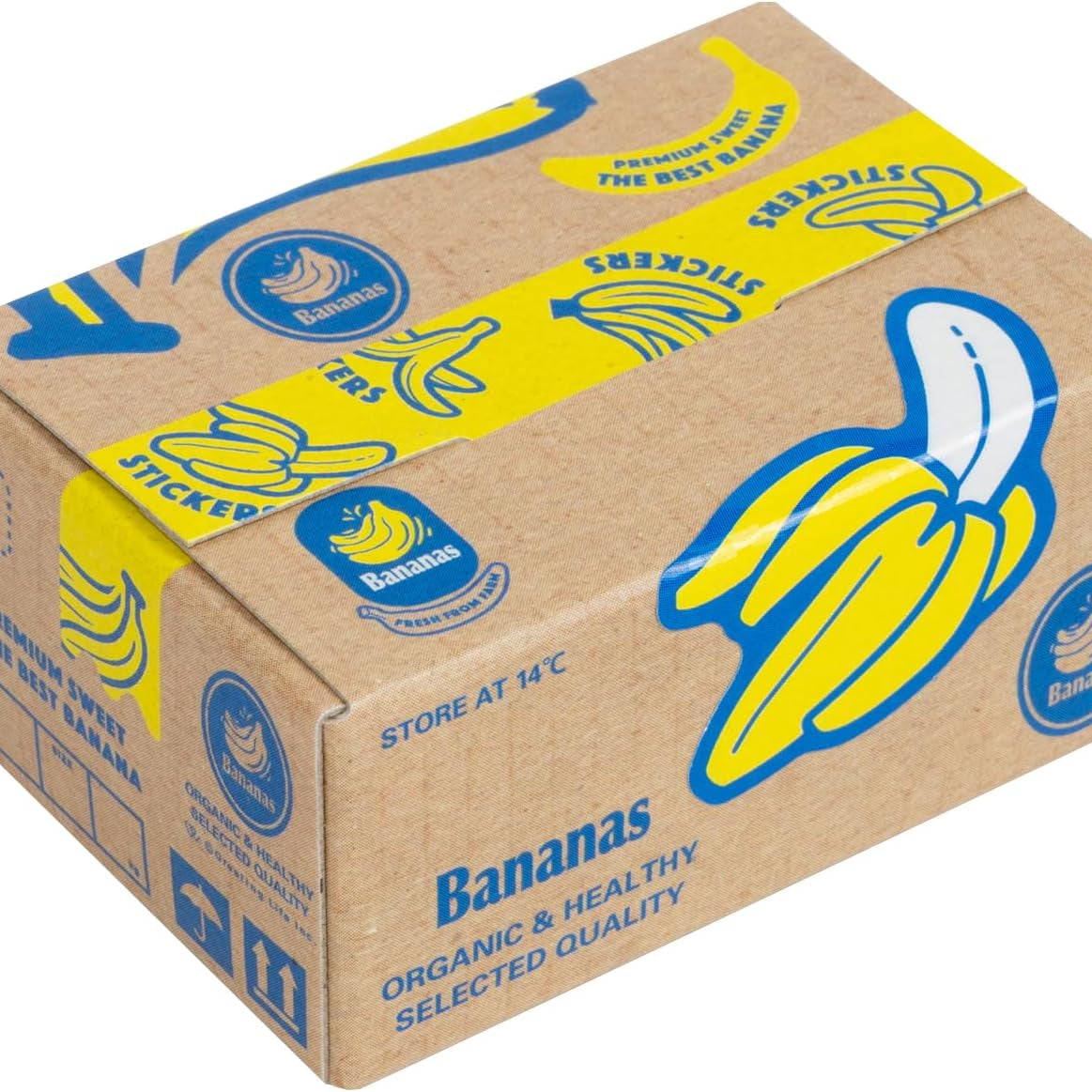 Cardboard box with banana illustrations and branding on a white background