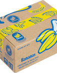 Cardboard box with banana illustrations and branding on a white background
