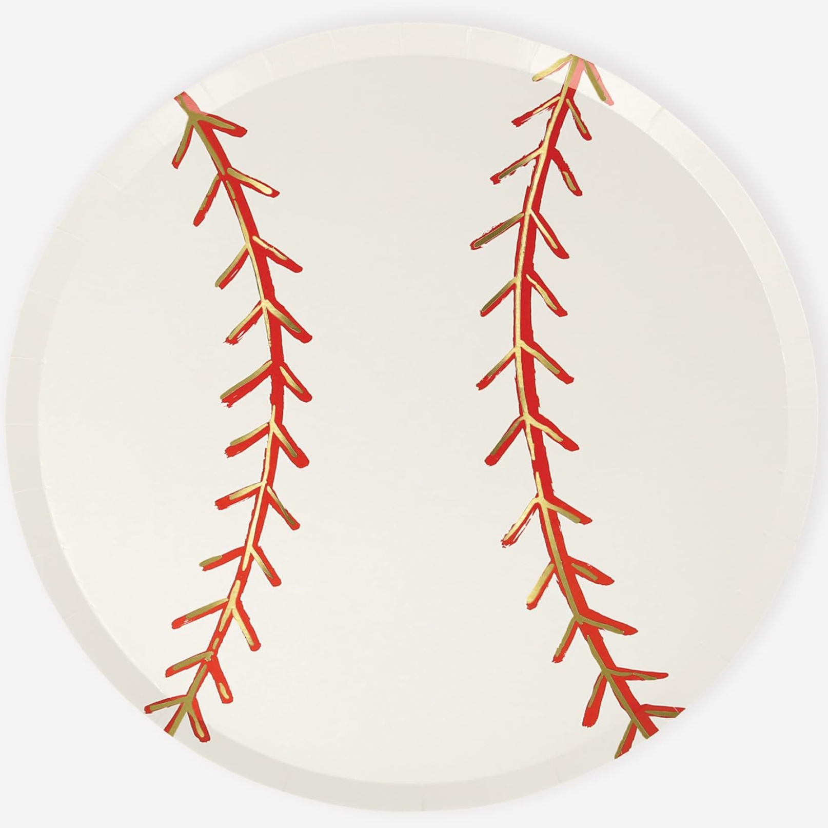 A round white paper plate with gold foil details resembling baseball stitching.