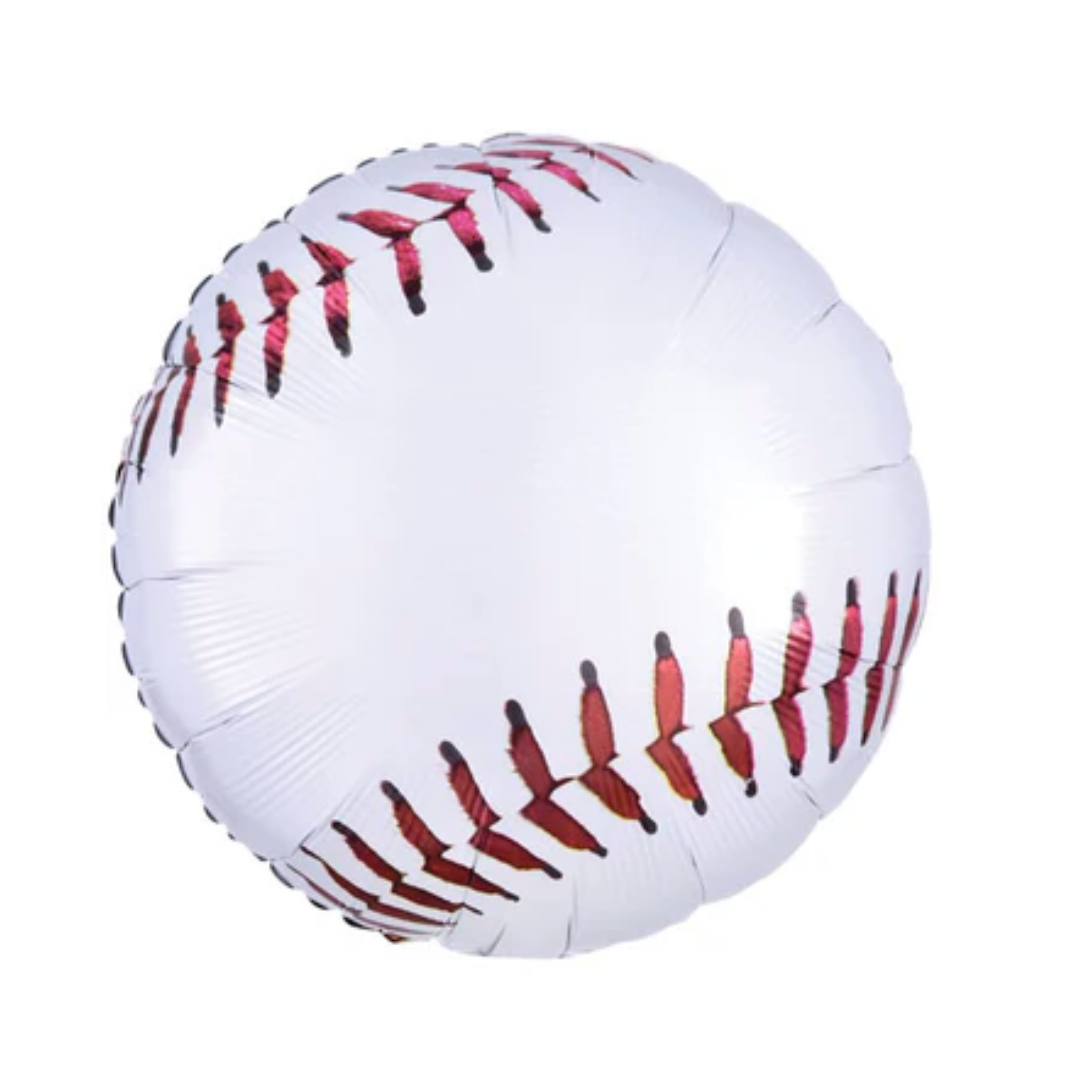 A white foil balloon shaped like a baseball with red and black printed seams, isolated on a white background.