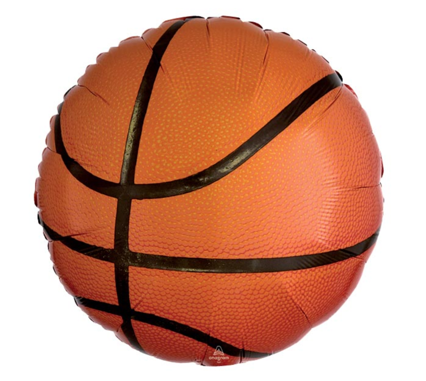 A round, orange mylar balloon designed to resemble a basketball with a visible pattern and laces.