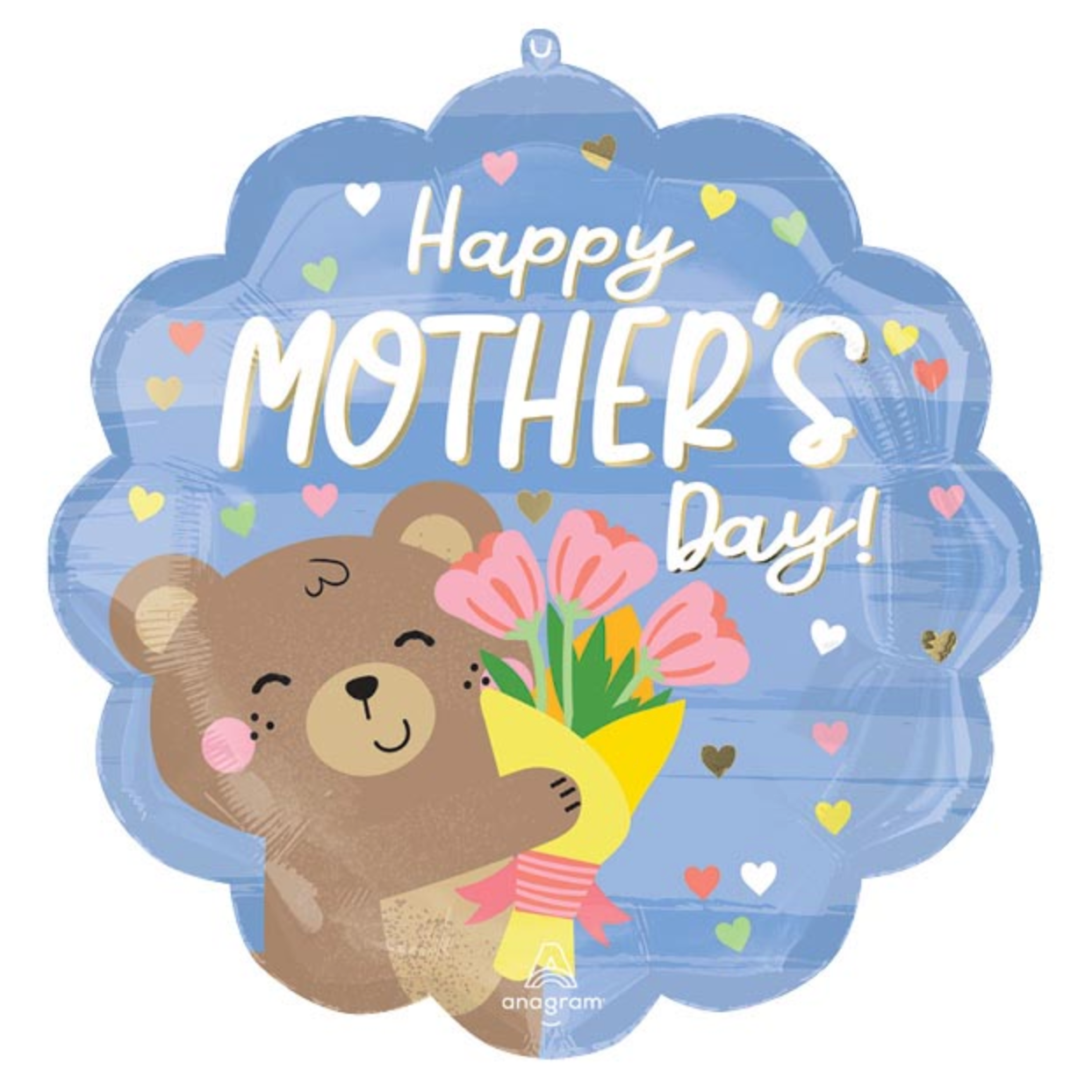 "happy mother's day" balloon with bear hugging flowers on white background