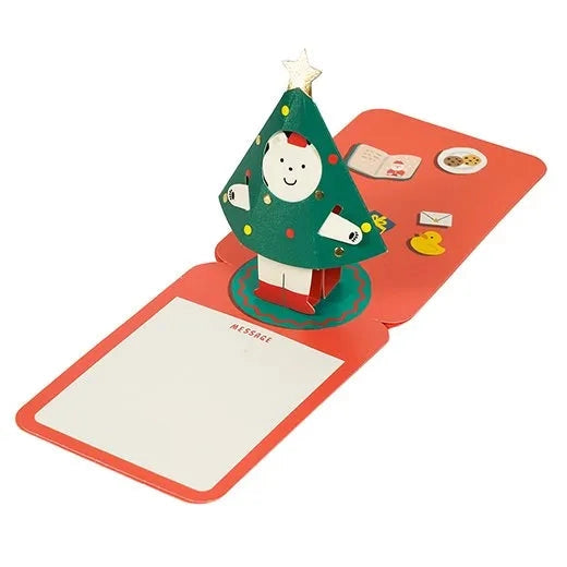 Pop-up Christmas tree card with a smiling face on a white background