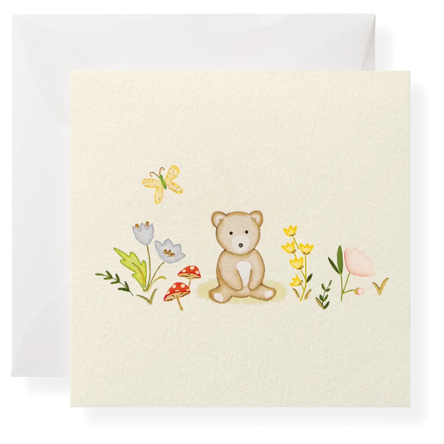 A greeting card featuring an illustration of a bear, flowers, and butterflies on a blank background.