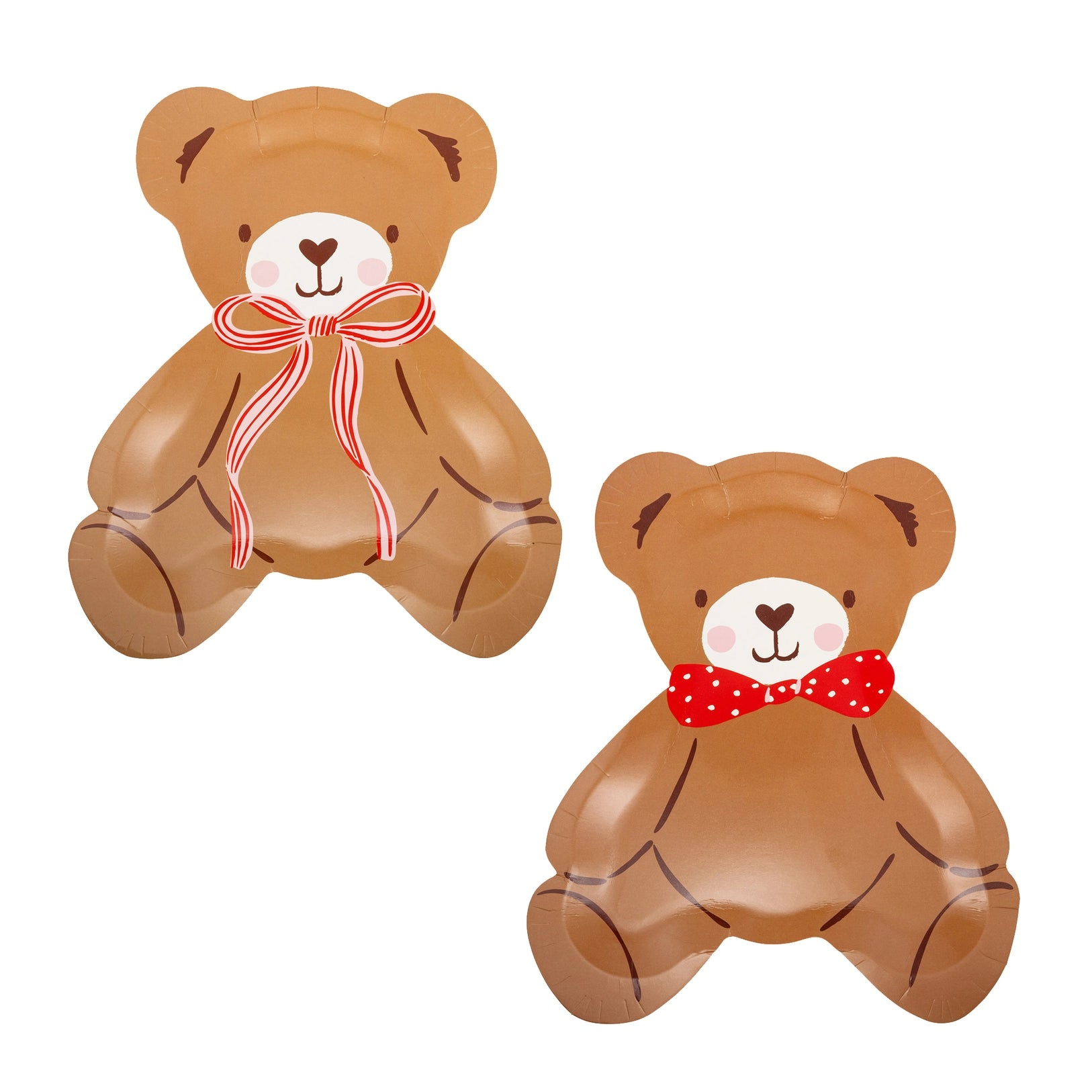 Two brown teddy bears with red bows on a white background