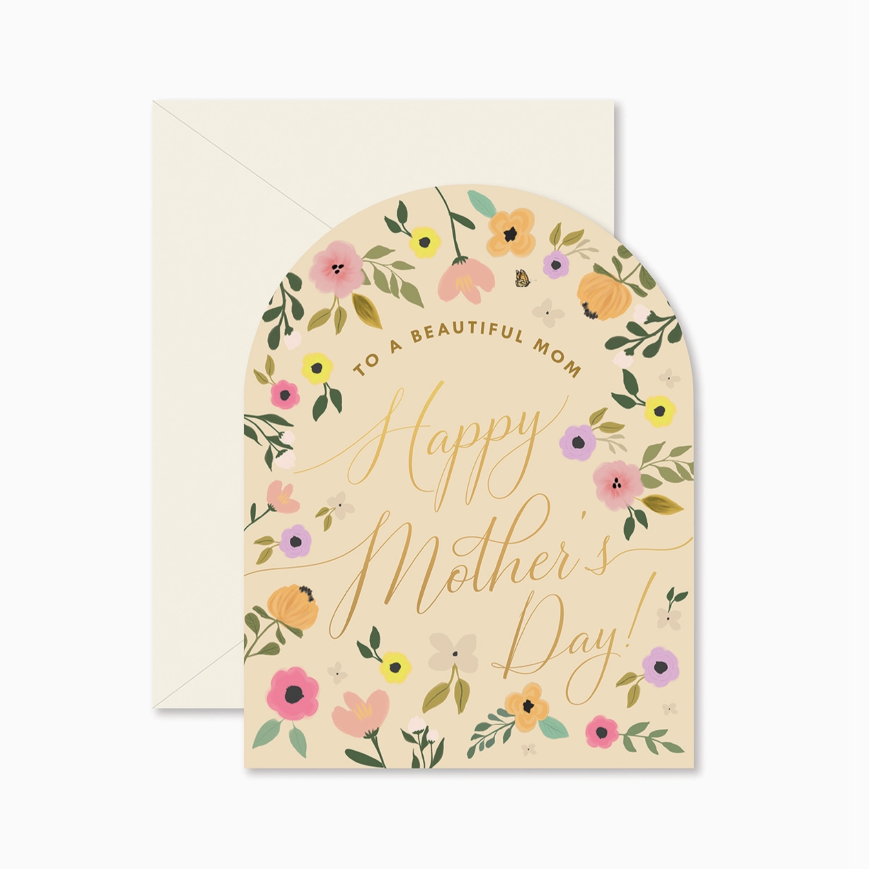 An arched Mother's Day greeting card with floral border. Gold foil text that reads Happy Mother's Day