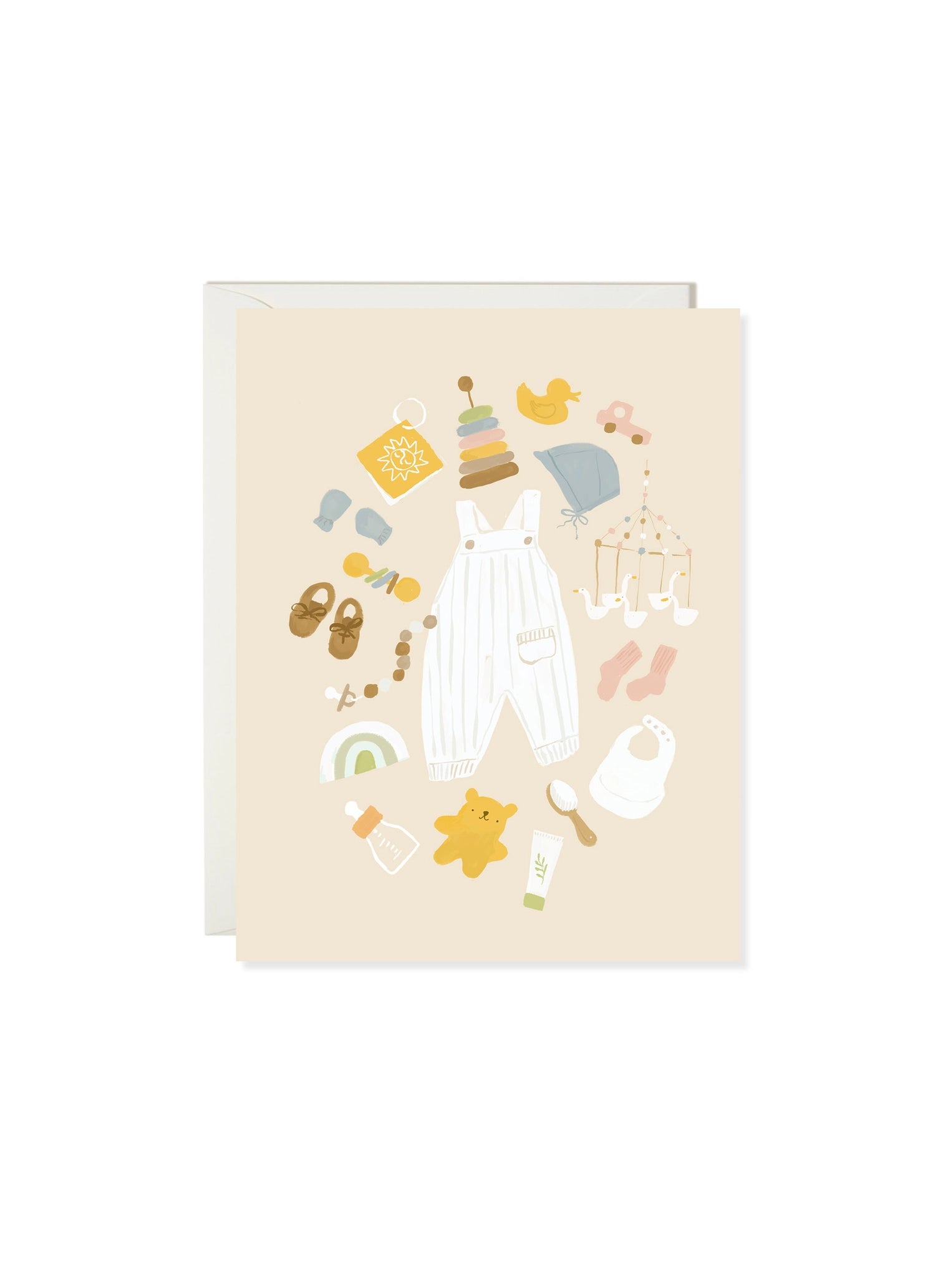 Greeting card with illustrations of a baby and various items on a beige background