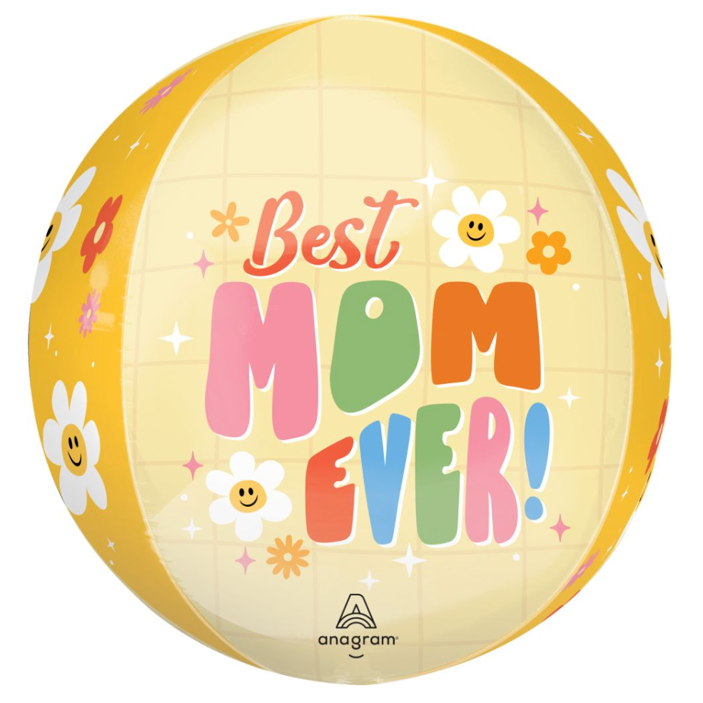 Decorative balloon with 'Best Mom Ever!' text and floral designs on a white background