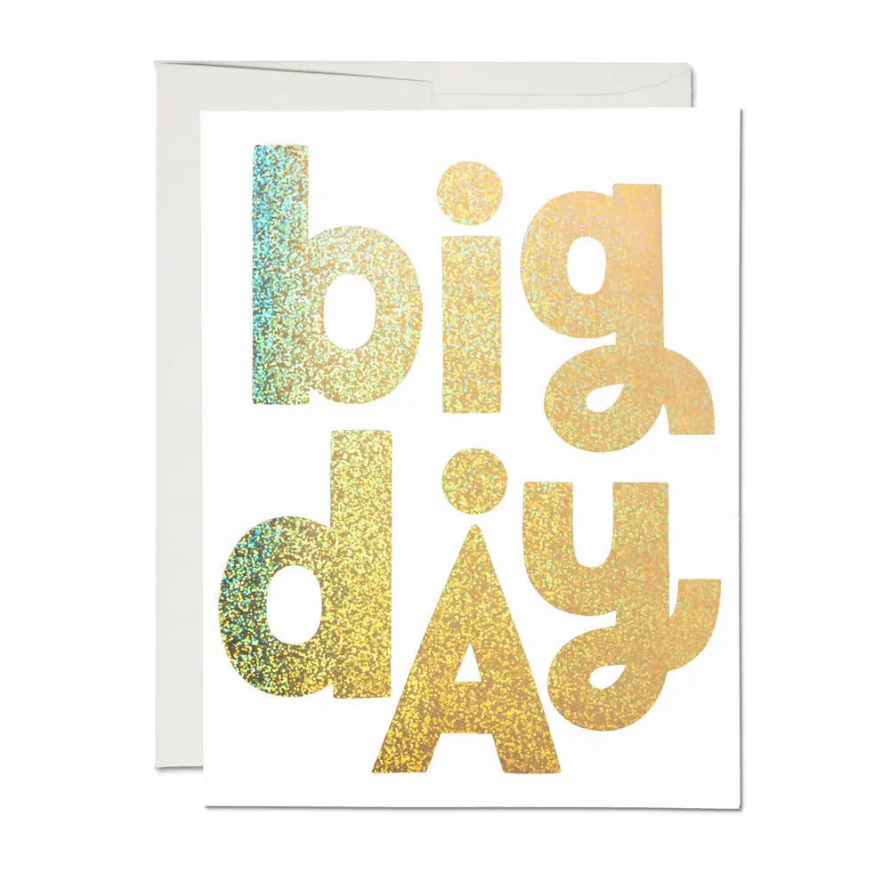 Greeting card with 'big day' text in colorful glittery letters on a white background