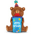 A bear shaped balloon holding a gift with text "Happy birthday"
