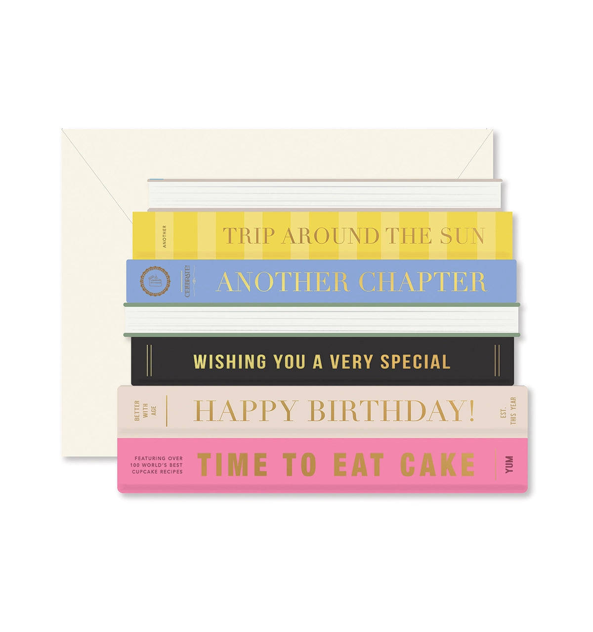 Stack of books with colorful titles on a white background