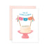 Greeting card with a birthday cake illustration and 'Feliz Cumpleaños' text, featuring a pink envelope.