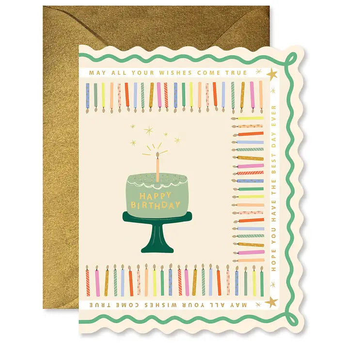 Birthday card with cake illustration and colorful candles on a white background