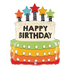 A multicolored birthday cake-shaped balloon with 'Happy Birthday' text and star candles.