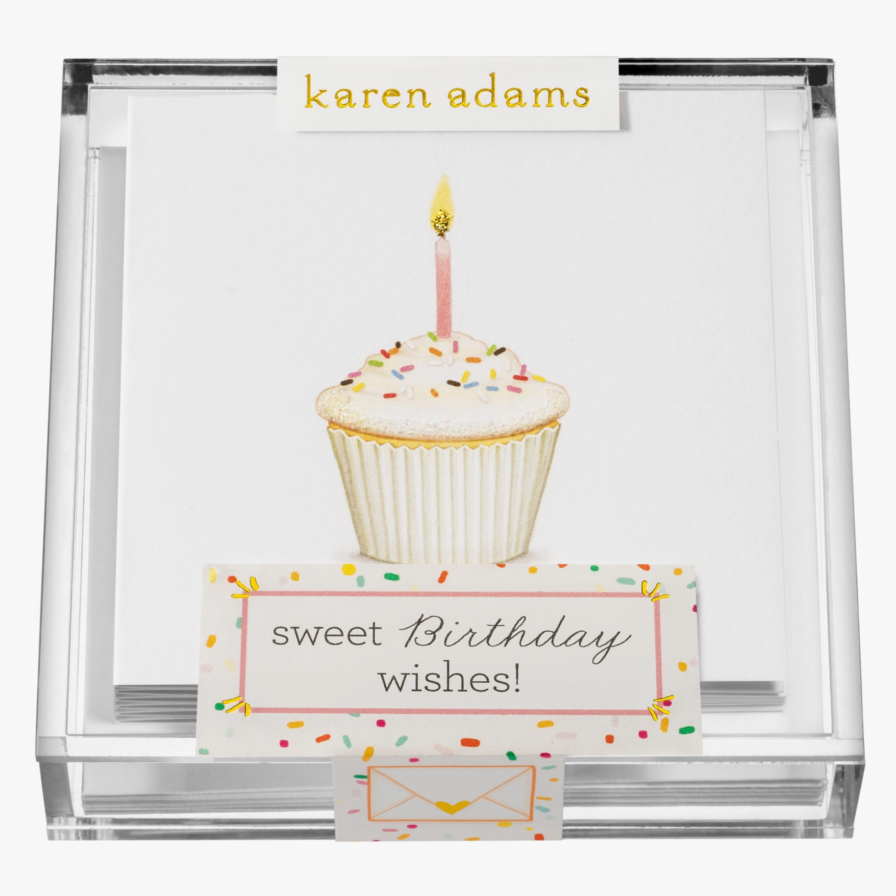 An acrylic box enclosure with a cupcake design, including a candle, and text that reads 'Sweet Birthday Wishes!'
