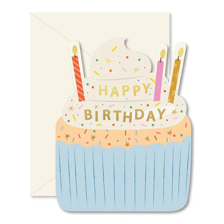 Birthday card with a cake design and candles on a white background