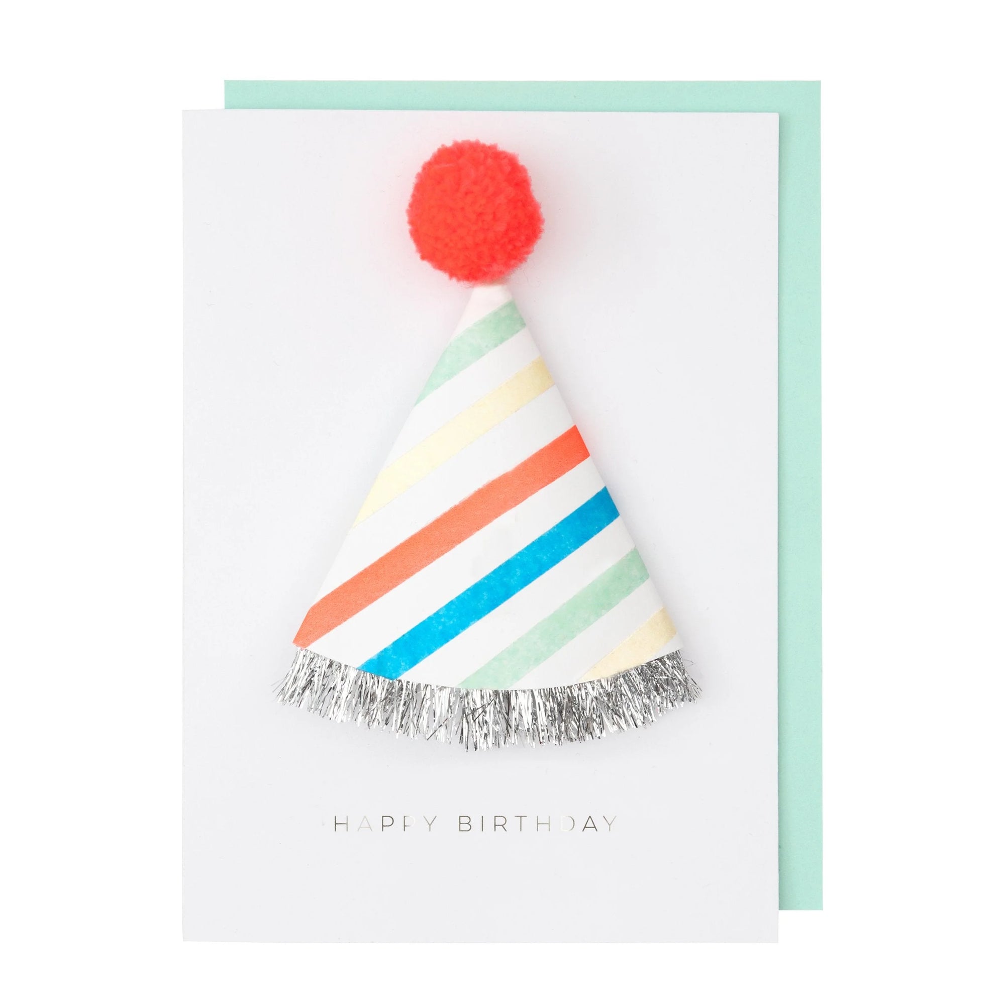 A birthday card featuring a colorful striped party hat with a red pom-pom on top, displayed on a white background with a mint envelope.