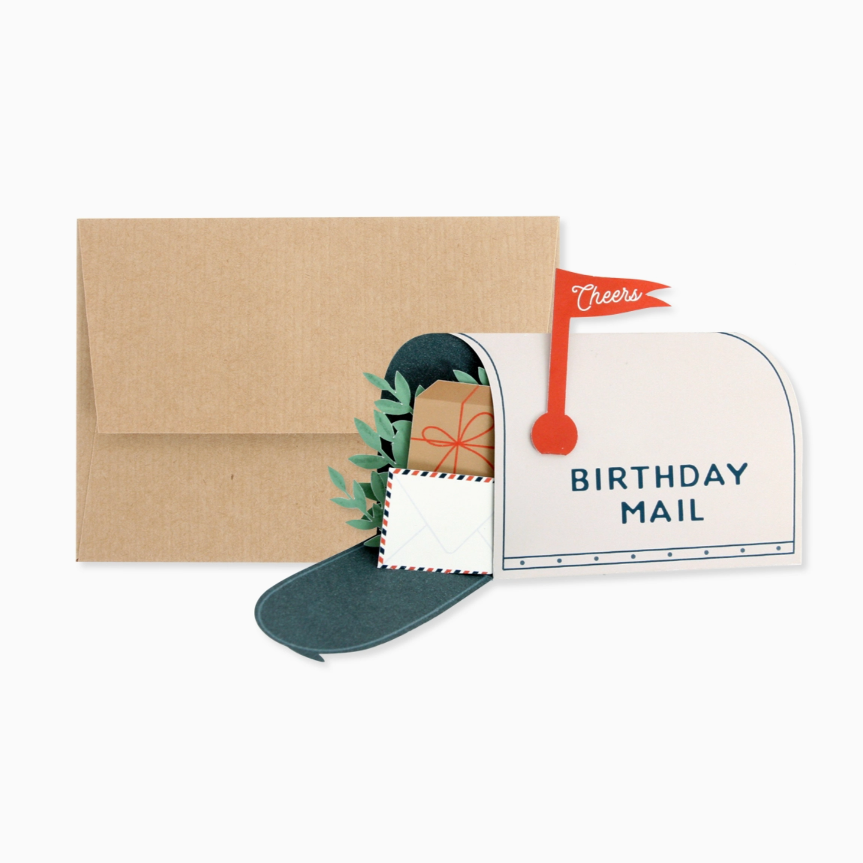 A birthday mail mailbox card with a brown envelope and a decorative stamp, placed on a white background.