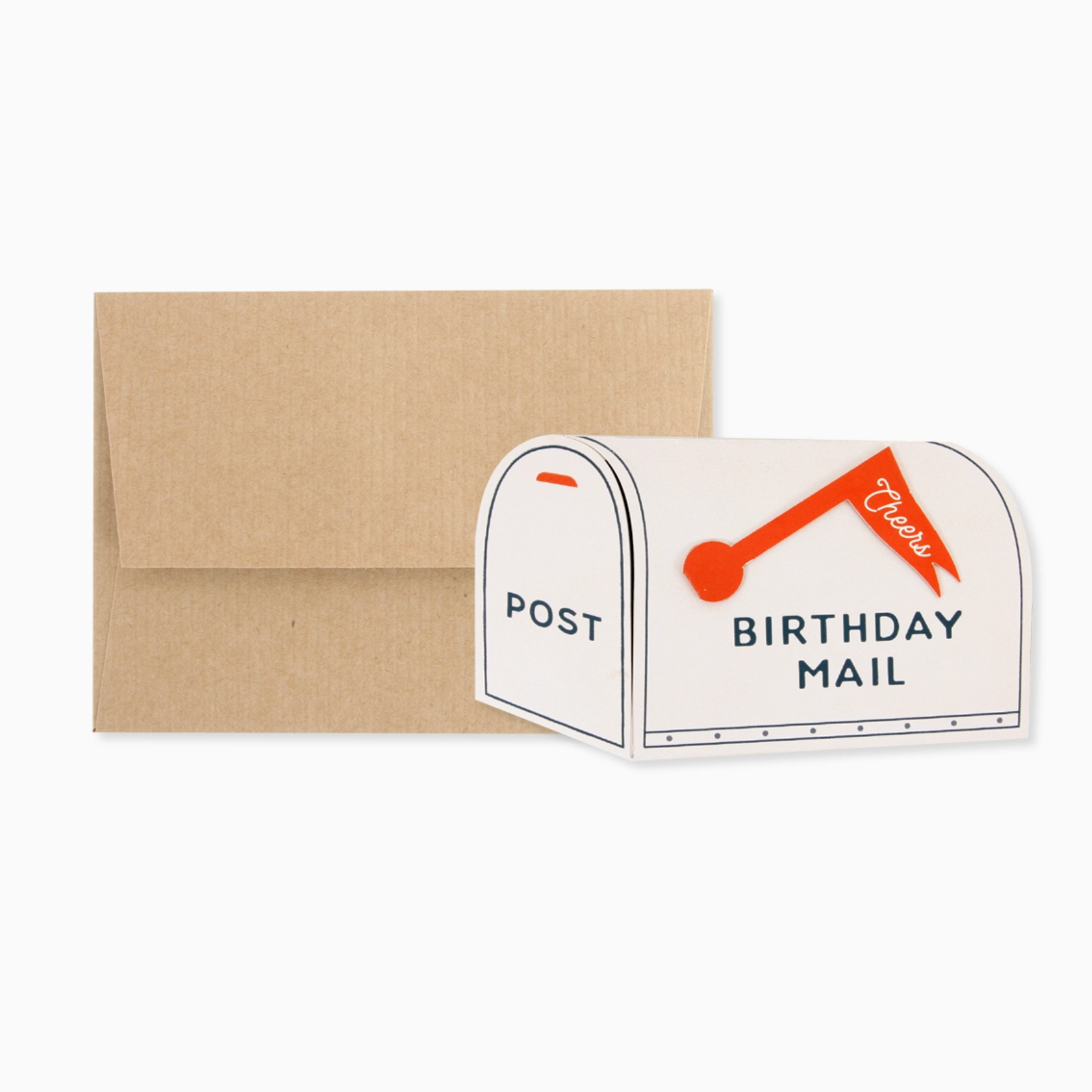 A birthday mail mailbox card with a brown envelope and a decorative stamp, placed on a white background.