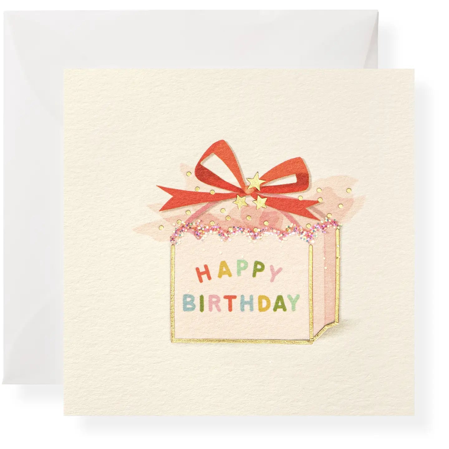 A greeting card with an illustration of a wrapped present with a red ribbon and the text 'Happy Birthday' on it, along with a matching envelope.