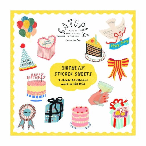Birthday-themed sticker sheets with various illustrations on a yellow border