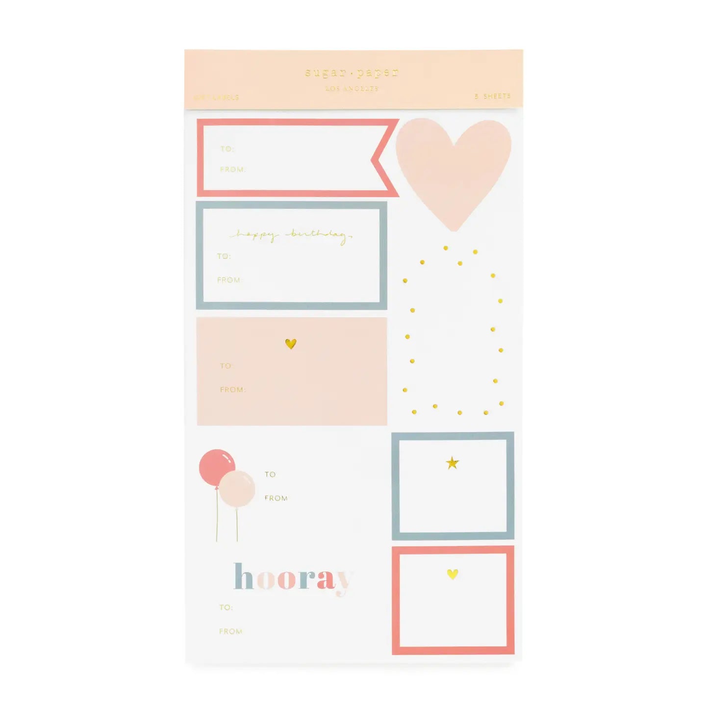 Set of decorative birthday gift wrap stickers with shapes and text on a white background